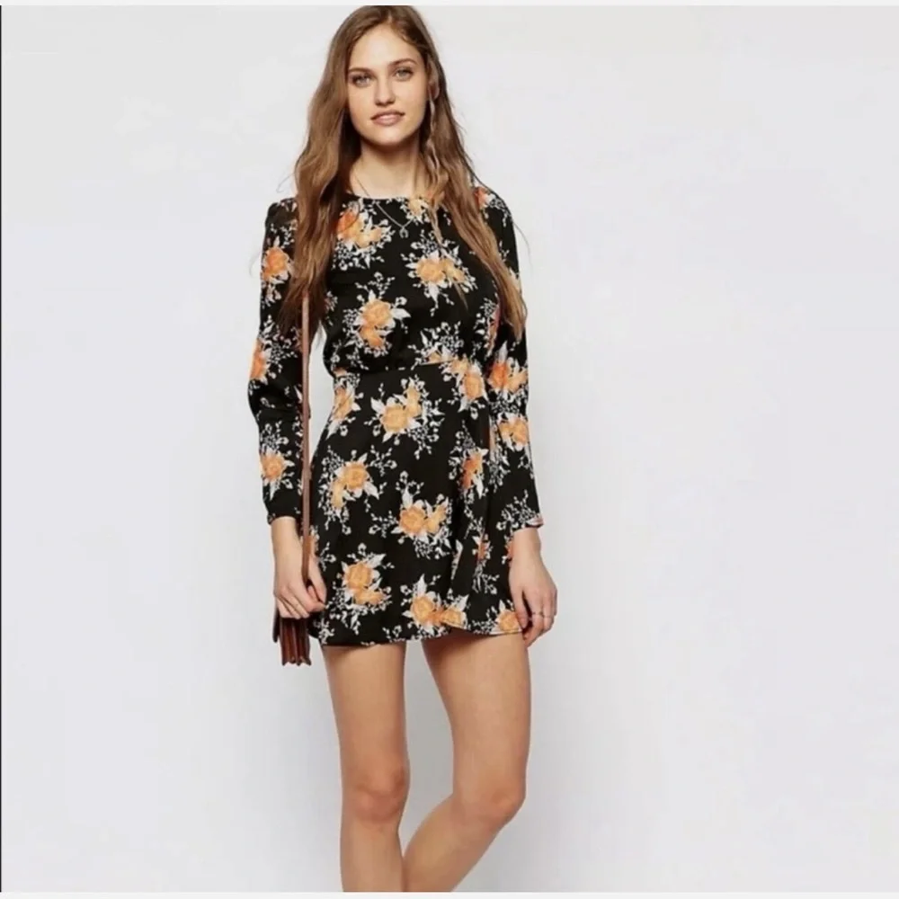 Free People- Parker Dress, black/orange/silver floral long size 4 - Picture 3 of 10